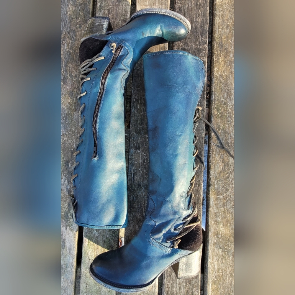 Freebird by Steven Blue Lace-Up Knee-High Boots with Side Zip - Picture 4 of 14